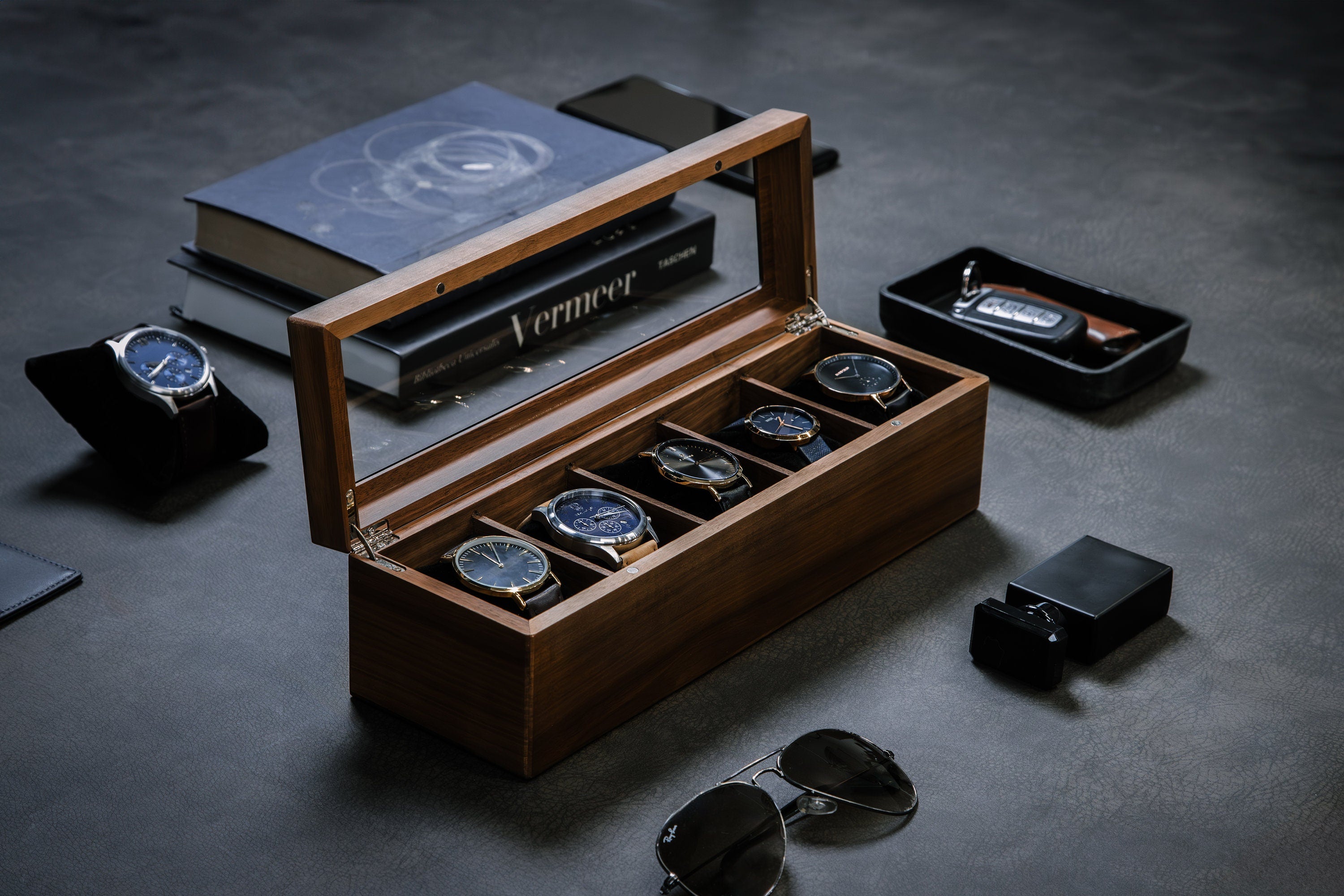Wide Wood Watch Box (Design 5) - Mens 5 Slot Watch Display Case with Personalized Lid for Him 5th Year Anniversary Birthday Honeymoon Gift