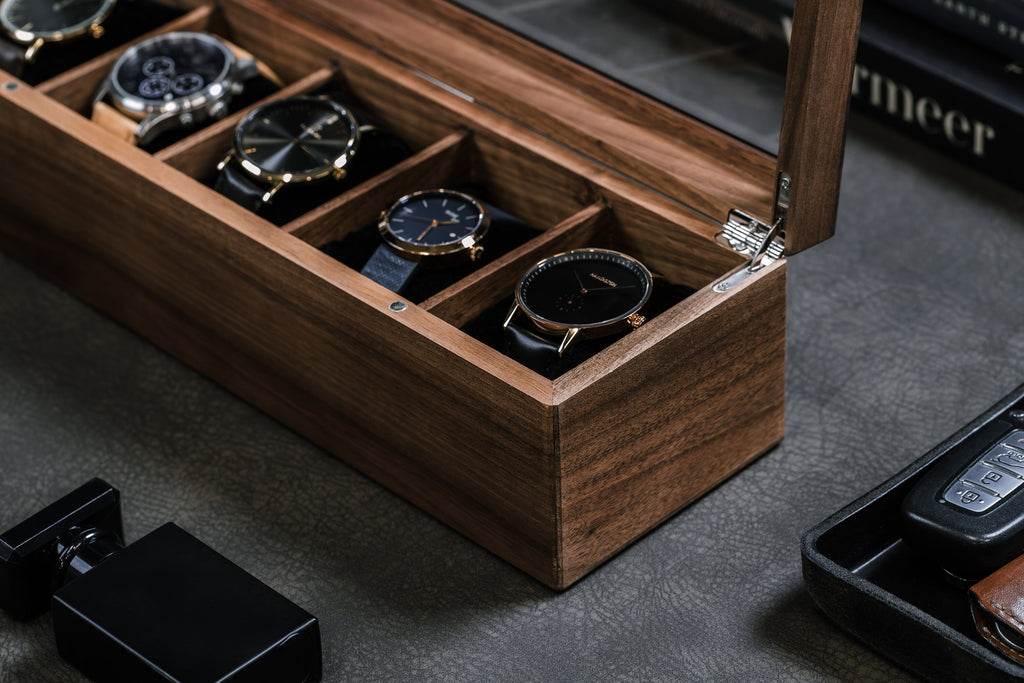 Wide Wood Watch Box (Design 5) - Mens 5 Slot Watch Display Case with Personalized Lid for Him 5th Year Anniversary Birthday Honeymoon Gift