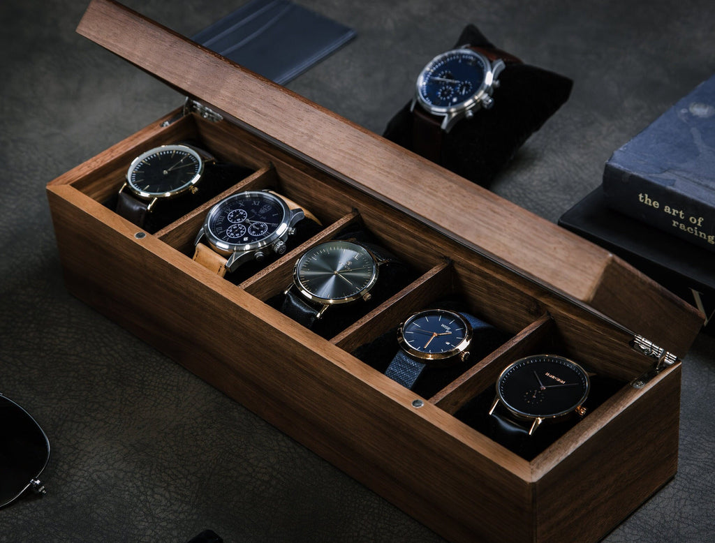 Wide Wood Watch Box (Design 1) - Custom Mens Watch Storage Case 5 Year Anniversary Wedding Engagement Gift for Husband Boyfriend Groom Dad