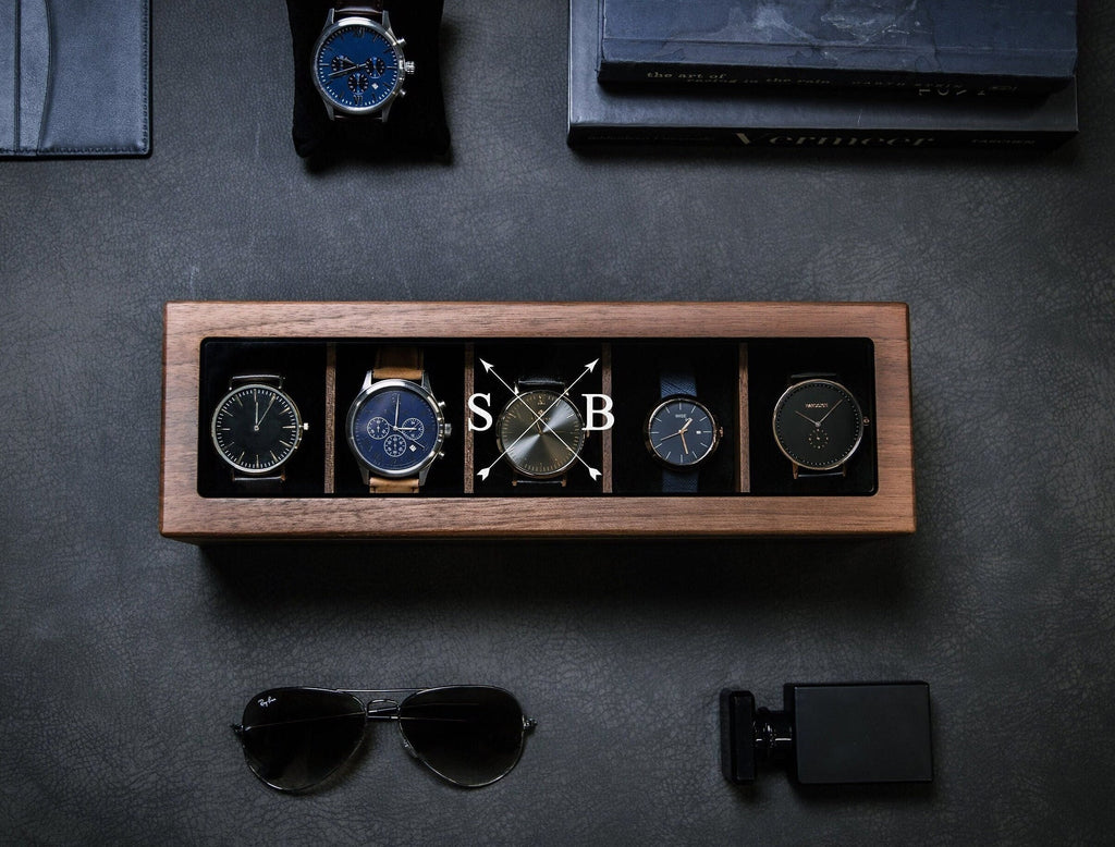 Wide Wood Watch Box (Design 1) - Custom Mens Watch Storage Case 5 Year Anniversary Wedding Engagement Gift for Husband Boyfriend Groom Dad