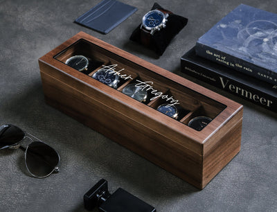 Wide Wood Watch Box (Design 4) - Custom Mens 5 Slot Watch Collection Keepsake Storage Case Personalized Gift for Dad Son Husband Boyfriend