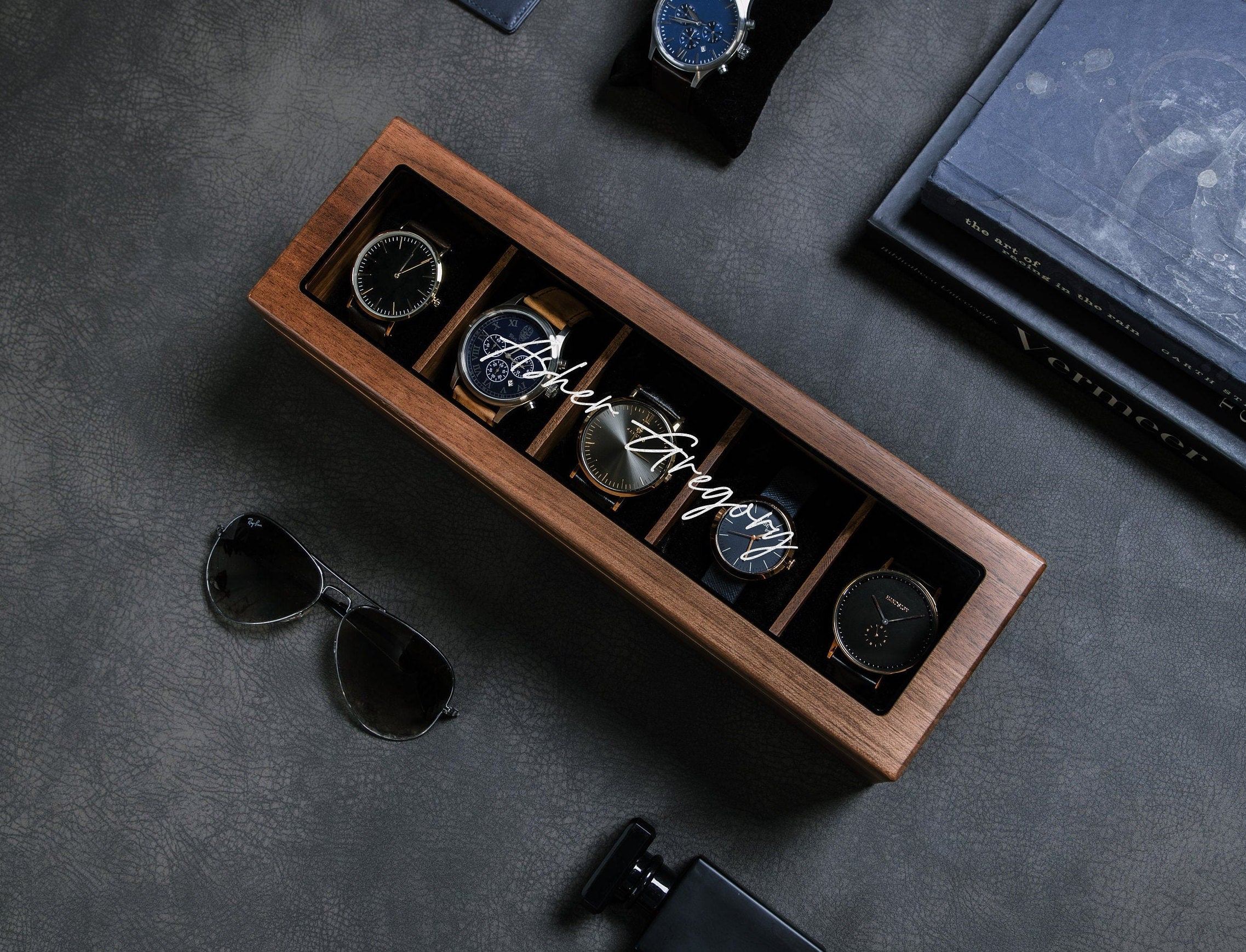 Wide Wood Watch Box (Design 4) - Custom Mens 5 Slot Watch Collection Keepsake Storage Case Personalized Gift for Dad Son Husband Boyfriend