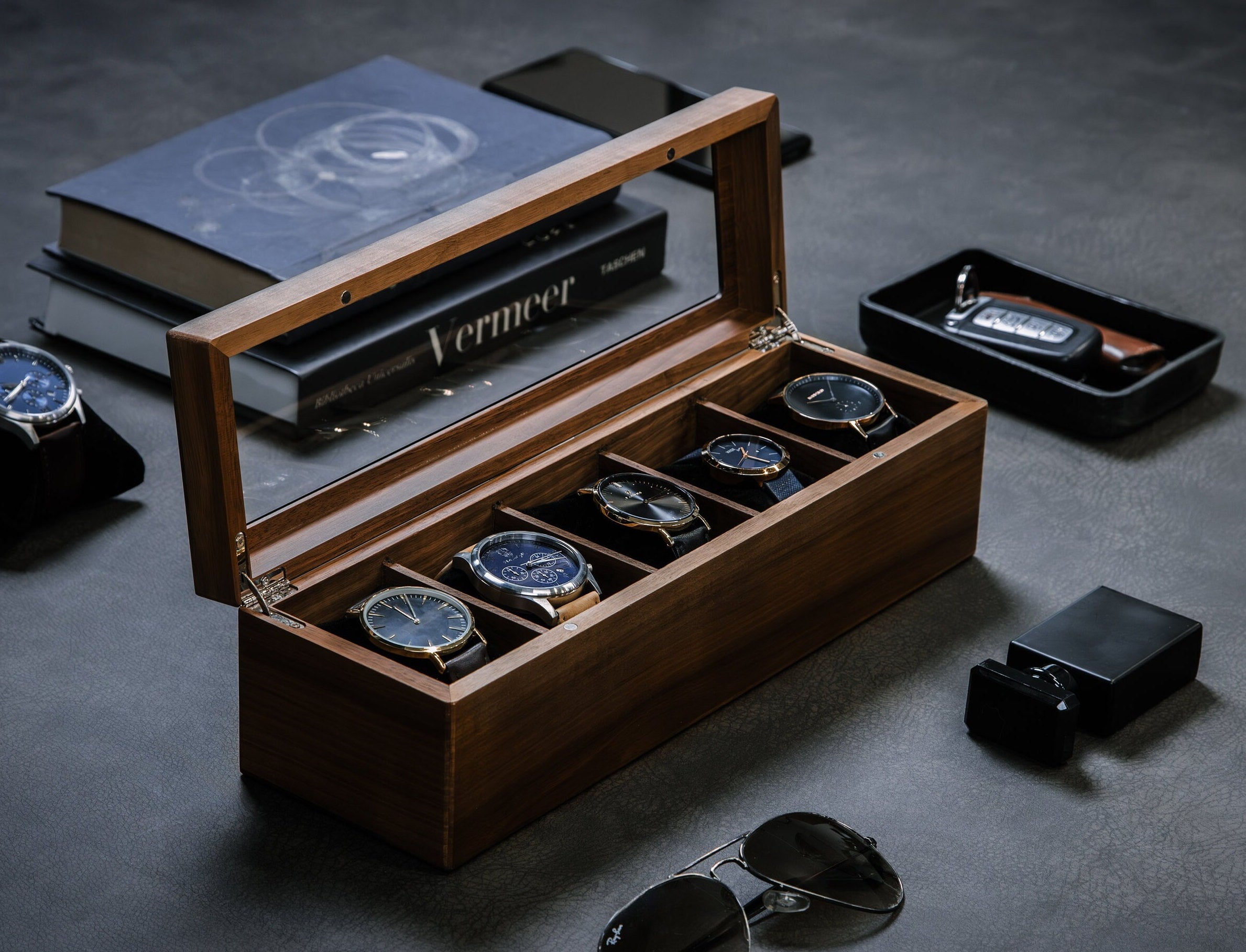 Wide Wood Watch Box (Design 4) - Custom Mens 5 Slot Watch Collection Keepsake Storage Case Personalized Gift for Dad Son Husband Boyfriend