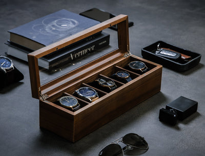 Wide Wood Watch Box (Design 4) - Custom Mens 5 Slot Watch Collection Keepsake Storage Case Personalized Gift for Dad Son Husband Boyfriend