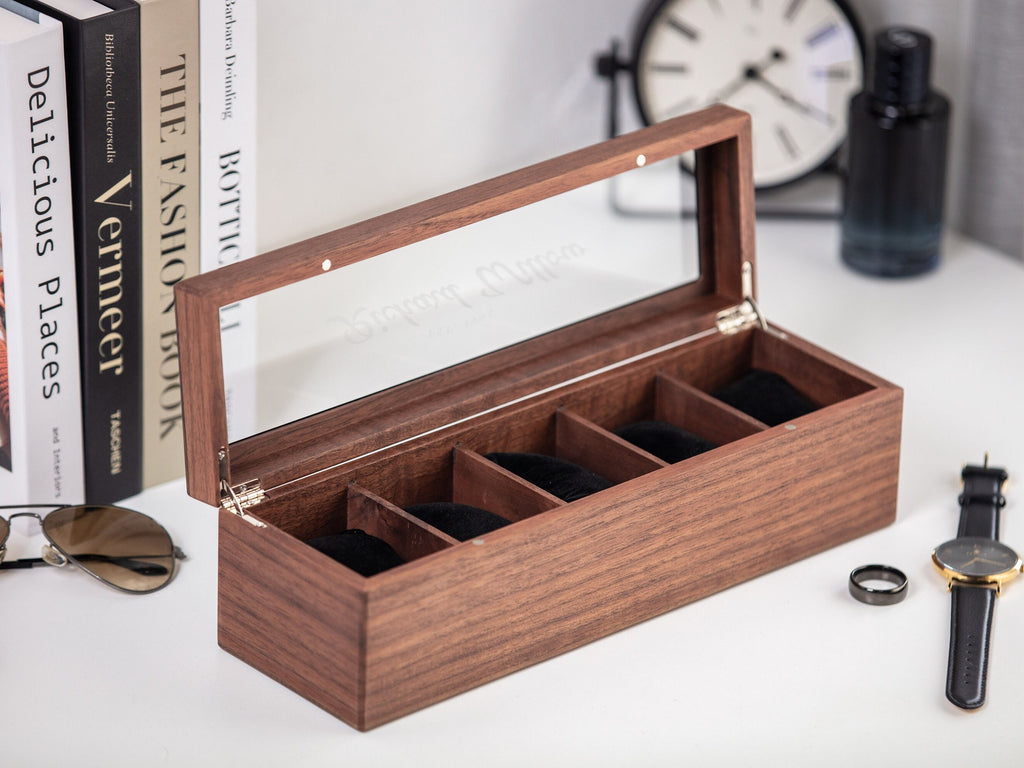 Wide Wood Watch Box (Design 10) - Custom Watch Storage Display Case with Glass Lid Watch Enthusiast Gift for Men Groom Husband Boyfriend Son
