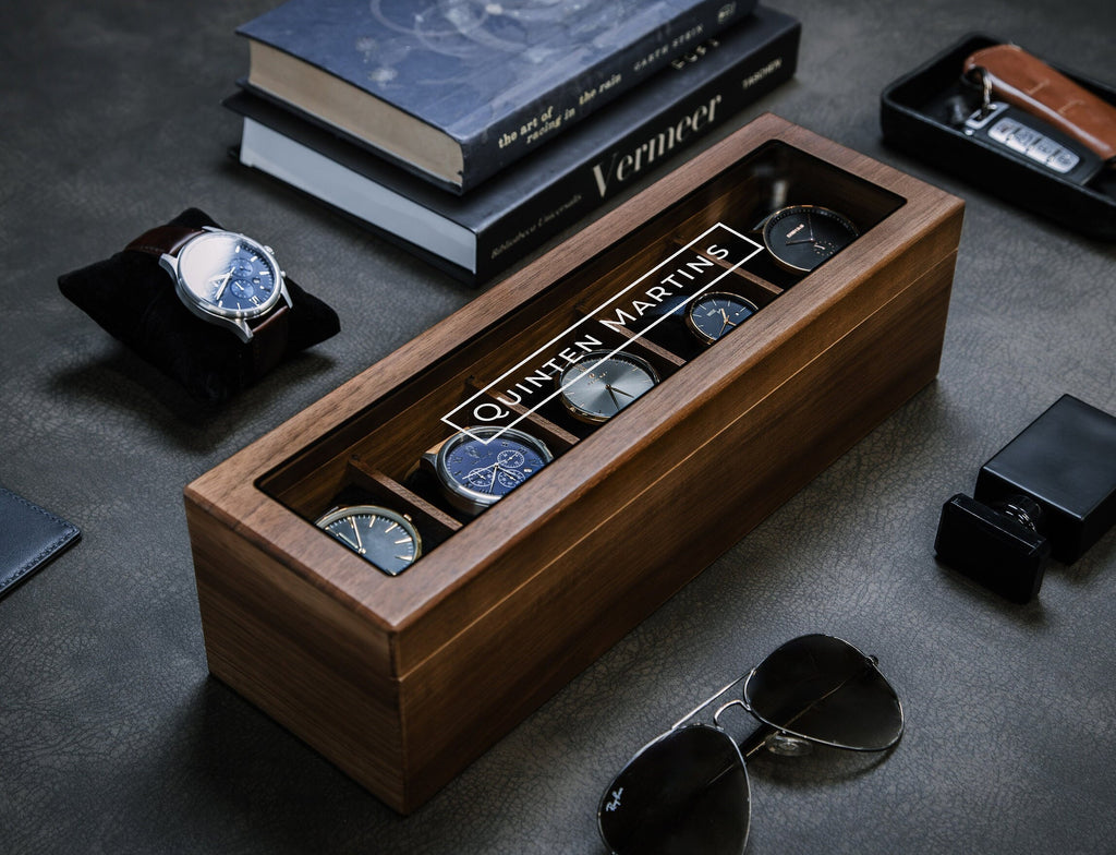 Wide Wood Watch Box (Design 10) - Custom Watch Storage Display Case with Glass Lid Watch Enthusiast Gift for Men Groom Husband Boyfriend Son