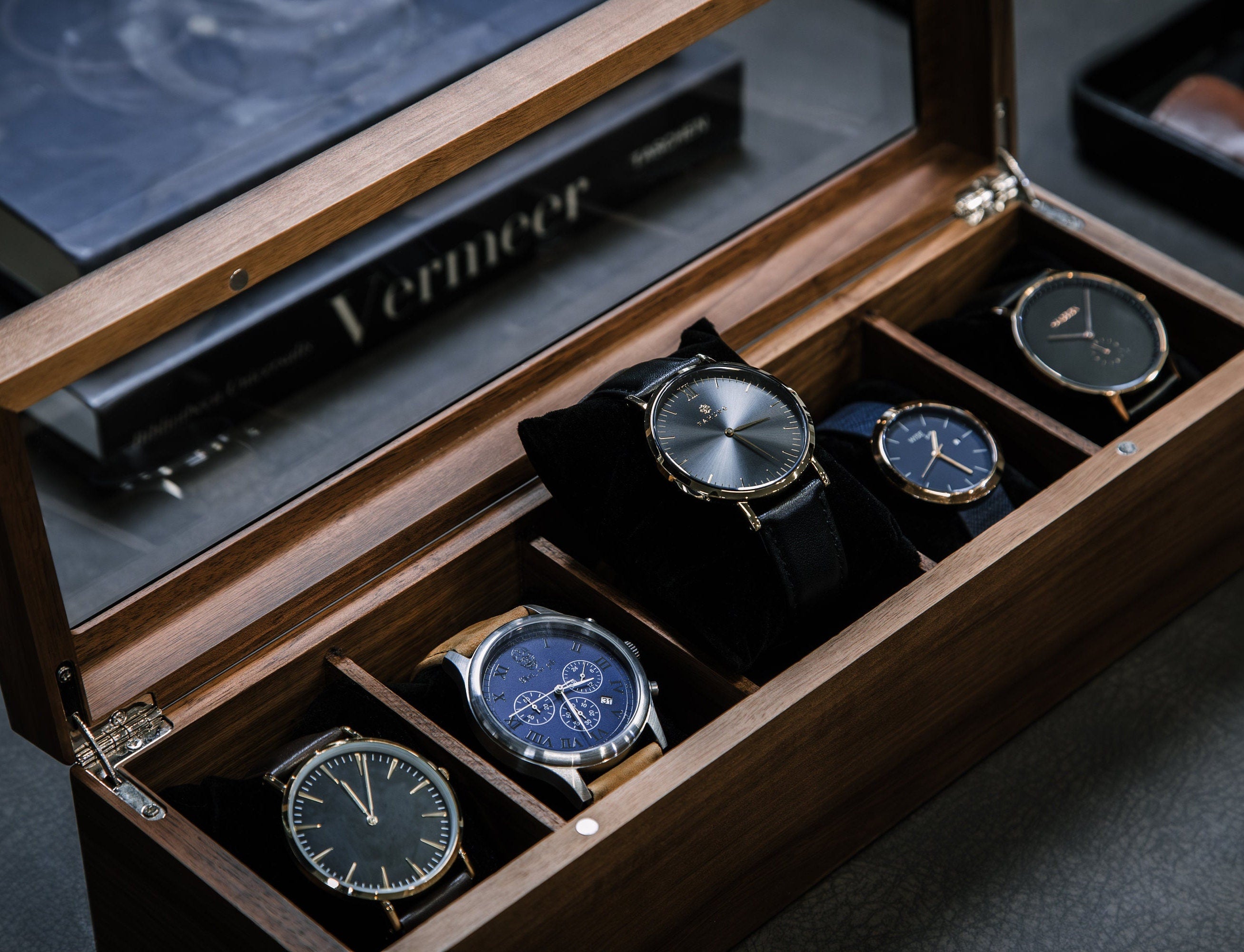 Wide Wood Watch Box (Design 1) - Custom Mens Watch Storage Case 5 Year Anniversary Wedding Engagement Gift for Husband Boyfriend Groom Dad