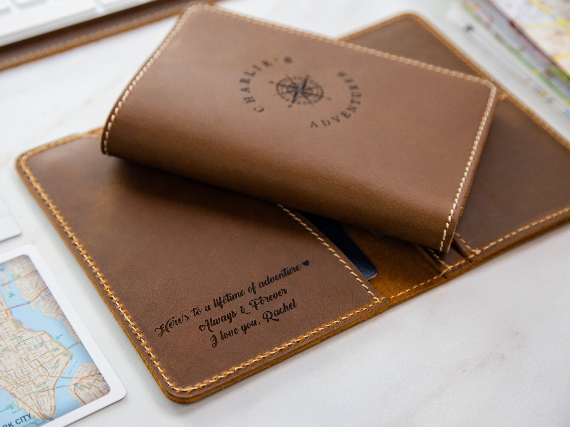 Engraved Passport Holder - leather travel wallet, 3rd wedding leather anniversary gift, wedding gift for couple, coworker or mom dad gift