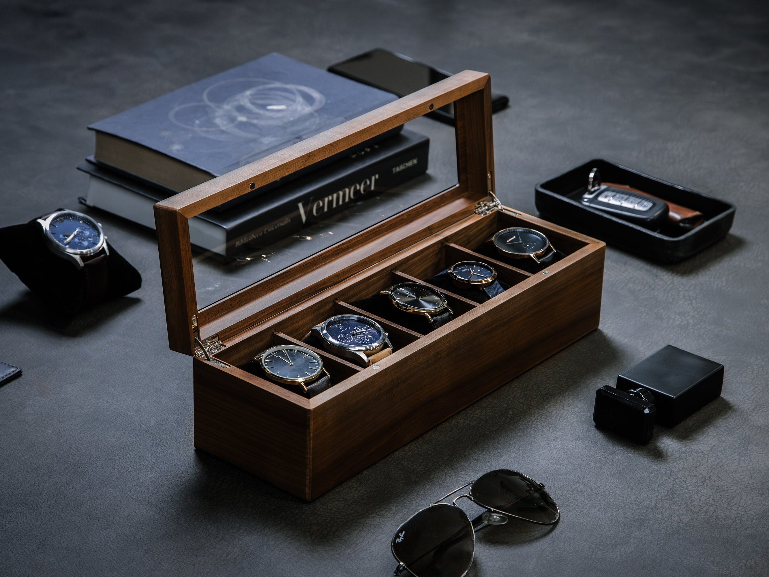 Wide Wood Watch Box (Design 2) - Personalized Watch Display Case Storage for Men Dad Husband Boyfriend Fiancé Father In Law, Teacher Gift