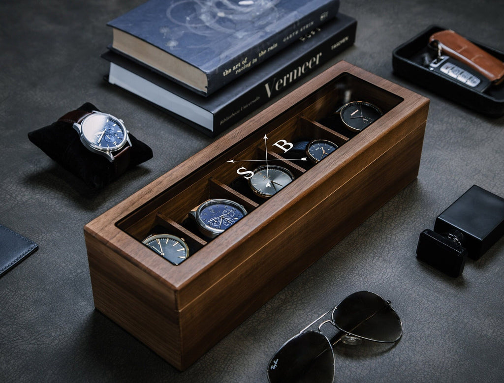 Wide Wood Watch Box (Design 1) - Custom Mens Watch Storage Case 5 Year Anniversary Wedding Engagement Gift for Husband Boyfriend Groom Dad