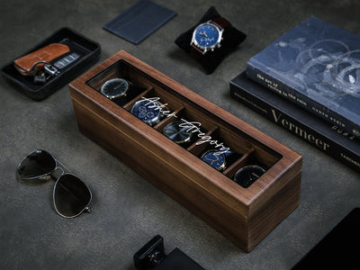 Wide Wood Watch Box (Design 4) - Custom Mens 5 Slot Watch Collection Keepsake Storage Case Personalized Gift for Dad Son Husband Boyfriend