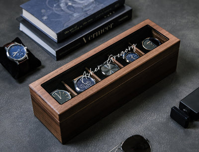 Wide Wood Watch Box (Design 4) - Custom Mens 5 Slot Watch Collection Keepsake Storage Case Personalized Gift for Dad Son Husband Boyfriend
