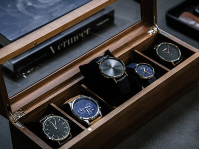 Wide Wood Watch Box (Design 4) - Custom Mens 5 Slot Watch Collection Keepsake Storage Case Personalized Gift for Dad Son Husband Boyfriend