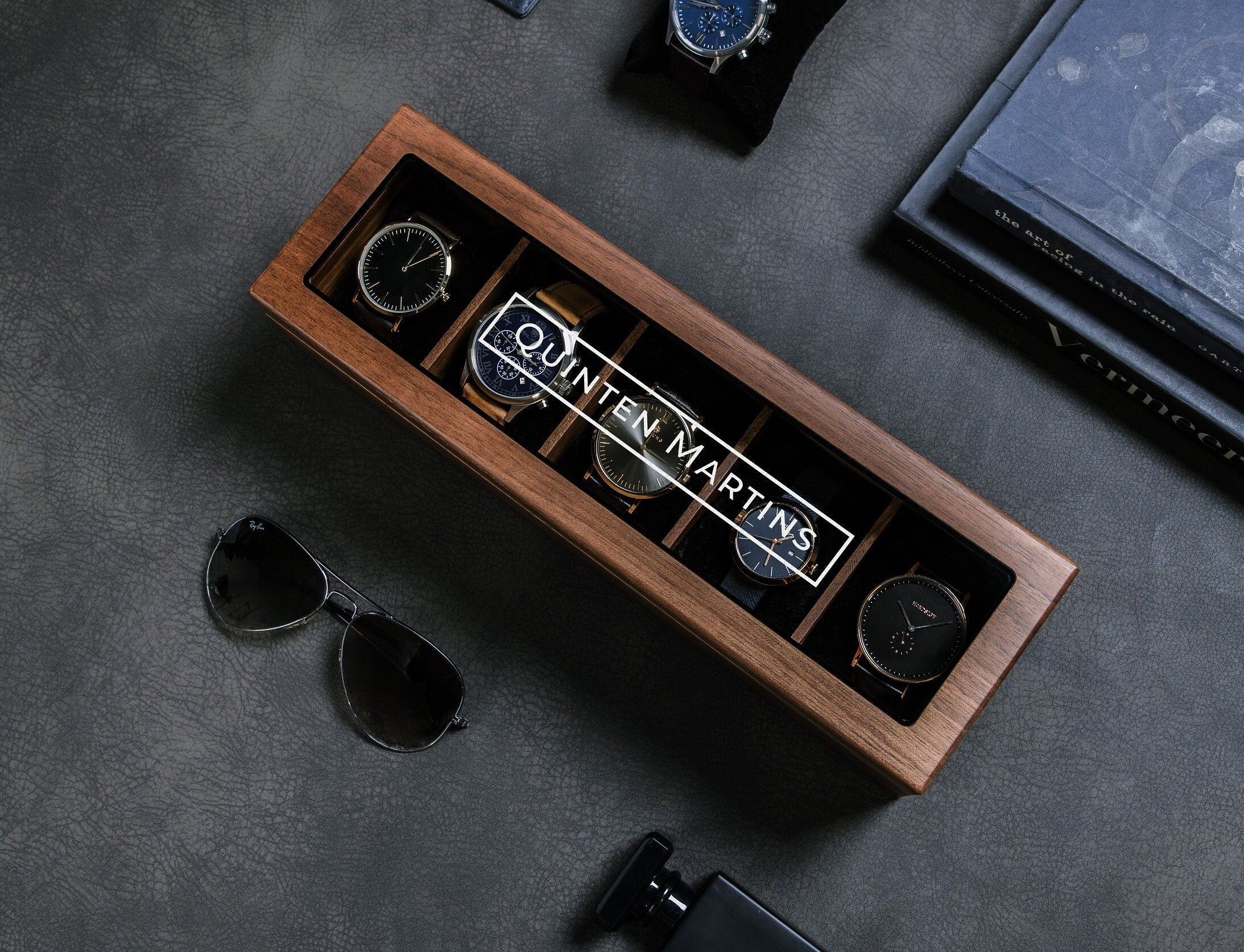 Wide Wood Watch Box (Design 10) - Custom Watch Storage Display Case with Glass Lid Watch Enthusiast Gift for Men Groom Husband Boyfriend Son