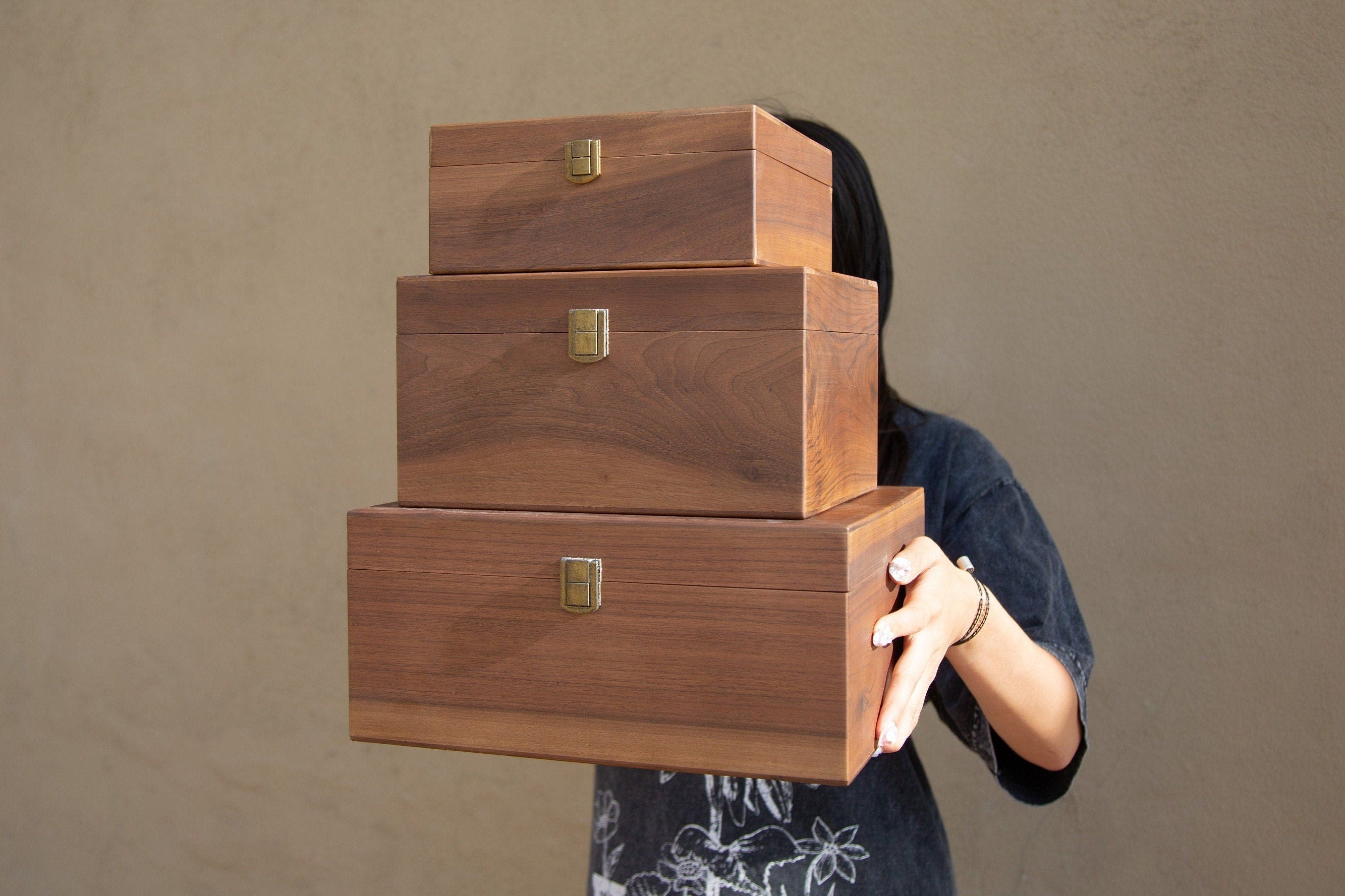 Wood Storage Box w/ Hinge Lid (D10) - Engraved Wedding Keepsake Memory Box Wedding Photos Cards, Engagement Gift, Anniversary Gift Couples