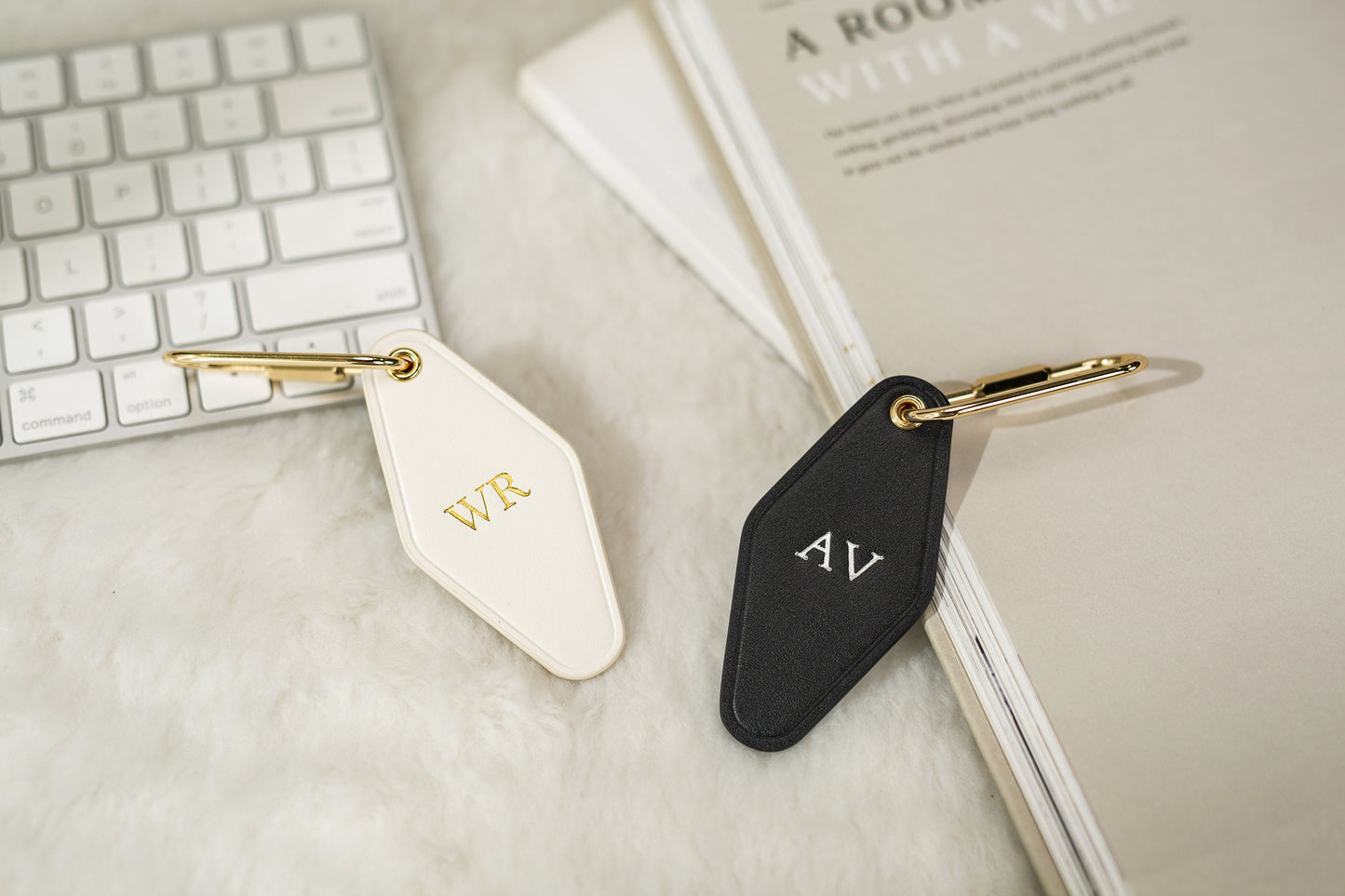 Embossed Diamond Leather Keychains (Small Initials) - Customized Key Chain Fob Holder Wedding Honeymoon Bride and Groom Matching Keychains