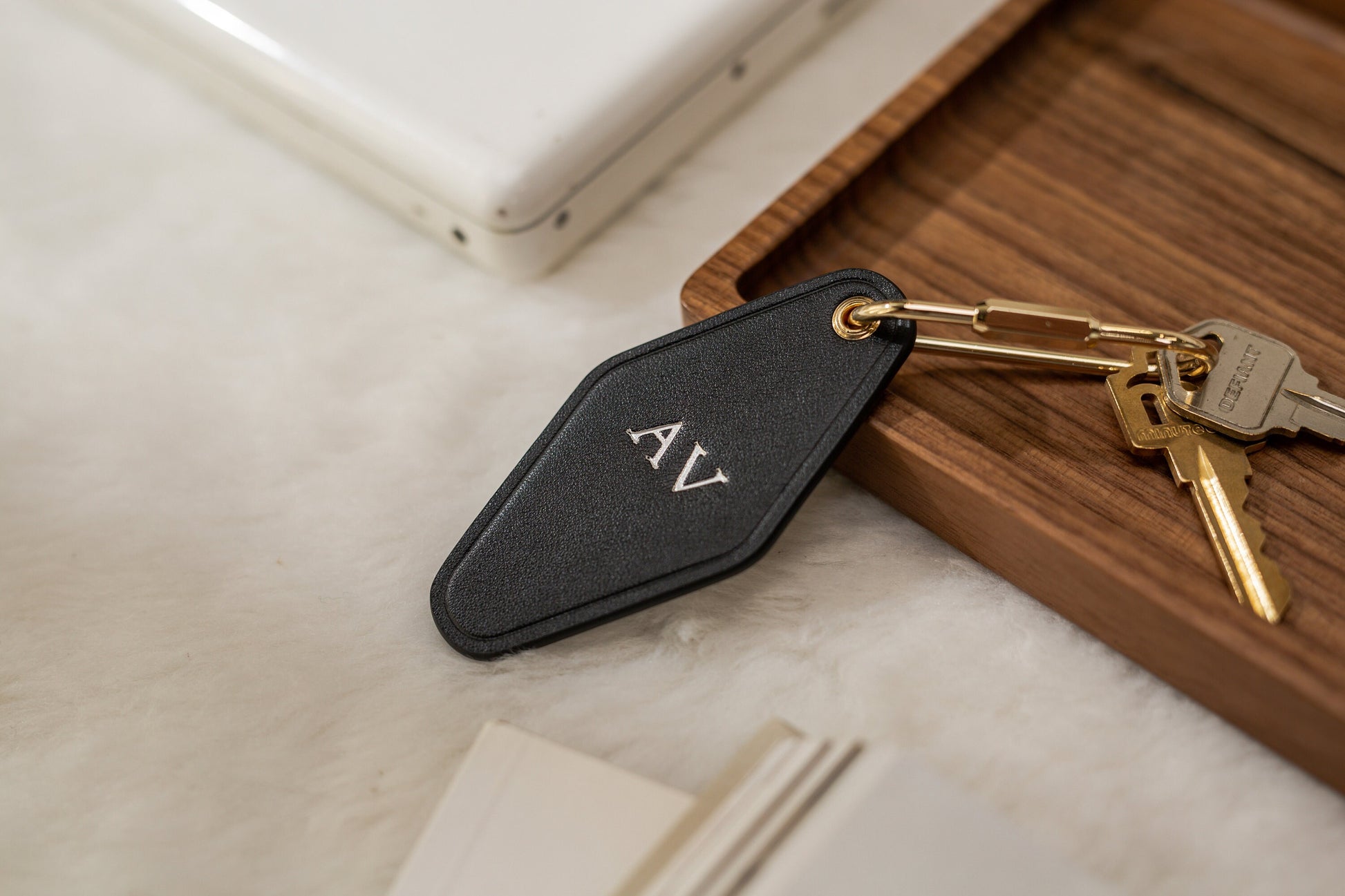 Embossed Diamond Leather Keychains (Small Initials) - Customized Key Chain Fob Holder Wedding Honeymoon Bride and Groom Matching Keychains