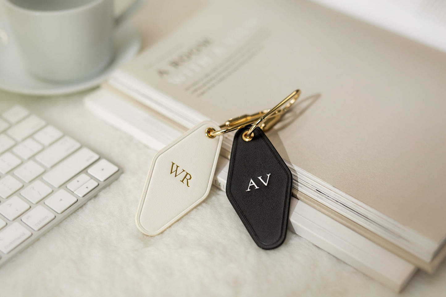 Embossed Diamond Leather Keychains (Small Initials) - Customized Key Chain Fob Holder Wedding Honeymoon Bride and Groom Matching Keychains