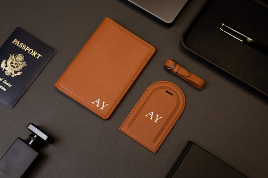 Embossed Leather Passport Holder & Embossed Luggage Tag (SET) - Personalized Travel Card Wallet, 3rd Wedding Anniversary Retirement Gift