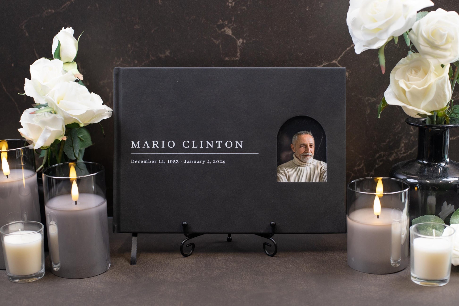 Funeral Guest Book with Photo Cover (Black - Design 2) - Memorial Sign In Guest Book, Dad Grandpa Grief Keepsake, Celebration of Life Wake