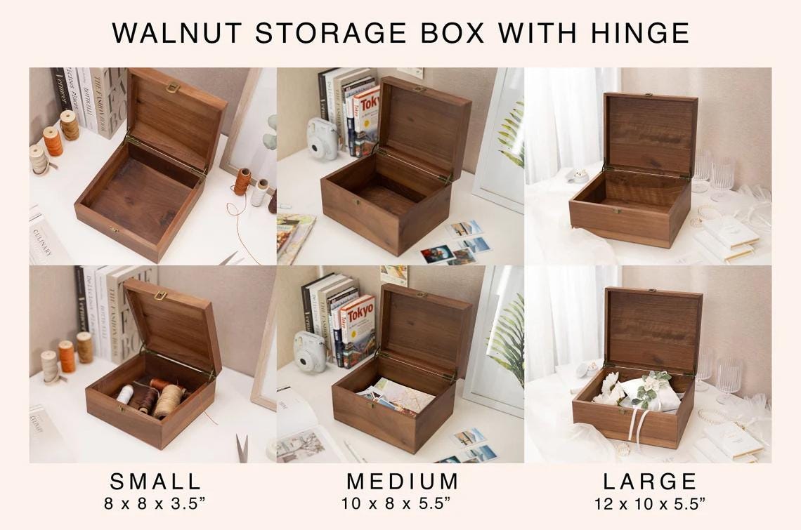 Wood Storage Box w/ Hinge Lid (D10) - Engraved Wedding Keepsake Memory Box Wedding Photos Cards, Engagement Gift, Anniversary Gift Couples
