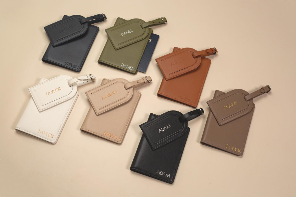 Embossed Leather Passport Holder & Embossed Luggage Tag (SET) - Travel Card Wallet, 3rd Wedding Anniversary Gift, Custom Gift for Family