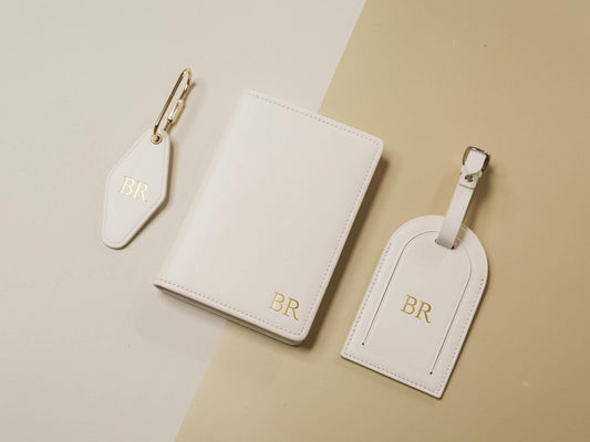 Embossed Monogram Leather Passport Holder, Luggage tag, Diamond Keychain (3 pcs Set) - Gift for wife, bride, honeymoon, 3rd anniversary