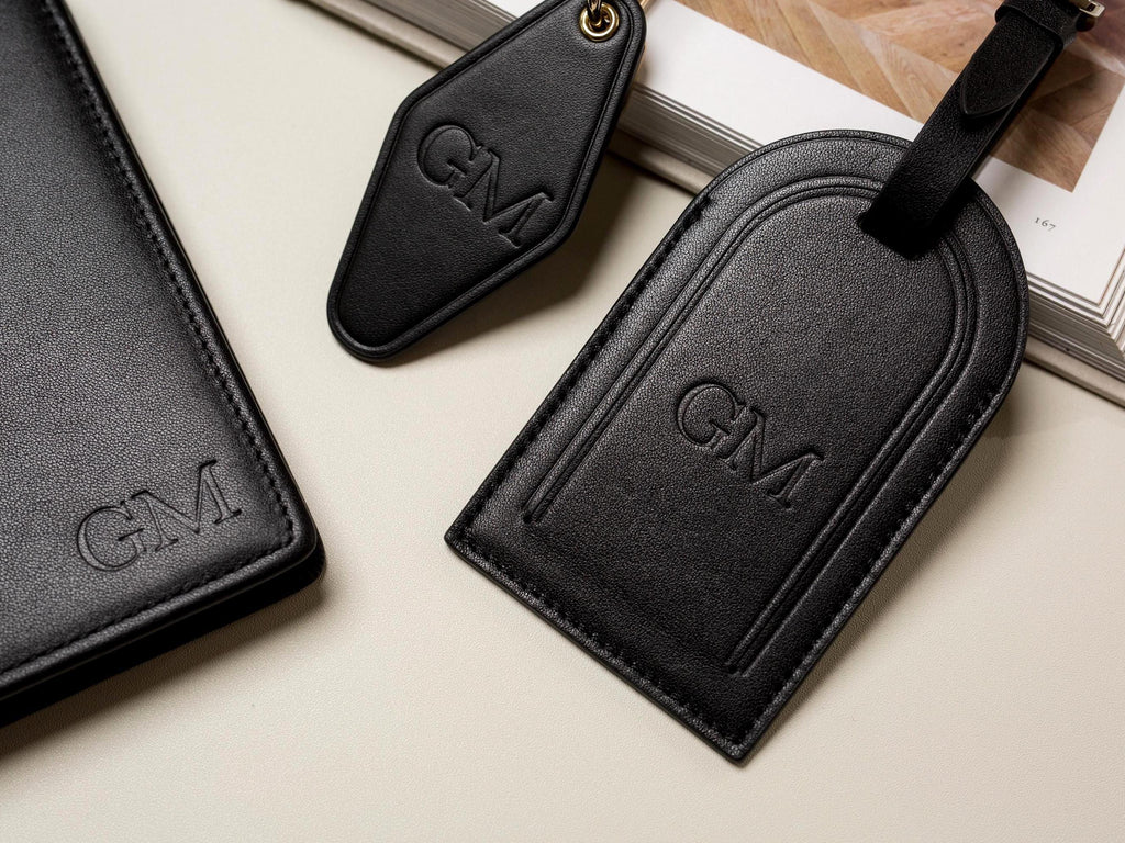 Embossed Monogram Leather Passport Holder, Luggage tag, Diamond Keychain (3 pcs Set) - Gift for wife, bride, honeymoon, 3rd anniversary