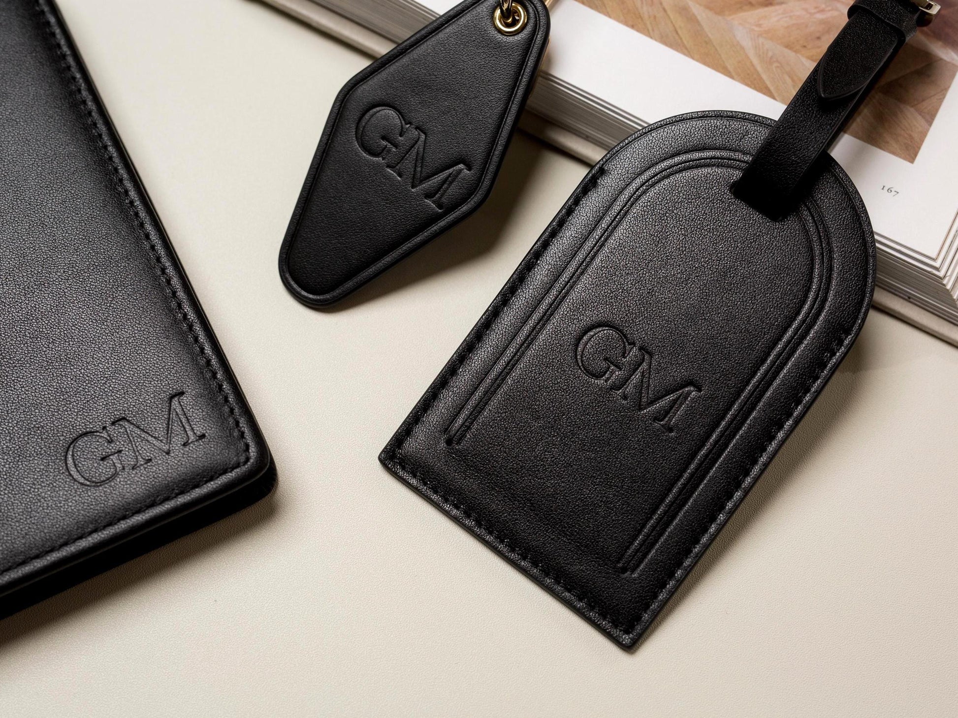 Embossed Monogram Leather Passport Holder, Luggage tag, Diamond Keychain (3 pcs Set) - Gift for wife, bride, honeymoon, 3rd anniversary