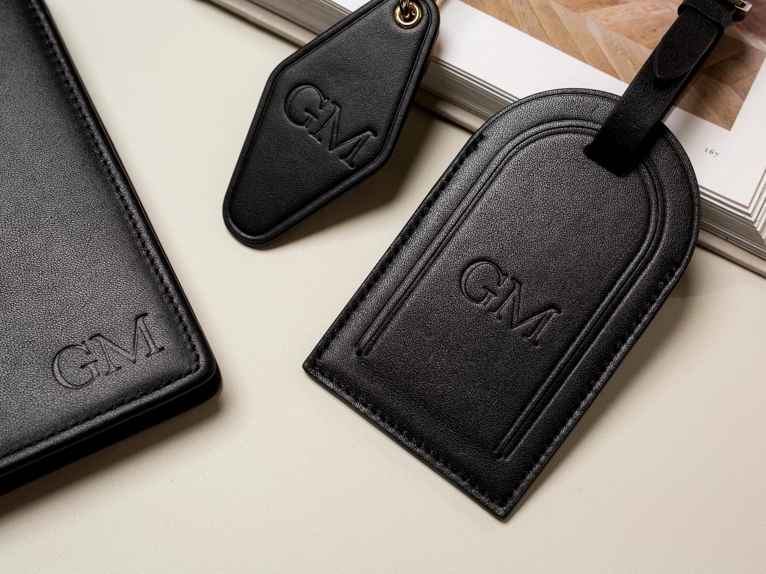 Embossed Monogram Leather Passport Holder, Luggage tag, Diamond Keychain (3 pcs Set) - Gift for wife, bride, honeymoon, 3rd anniversary