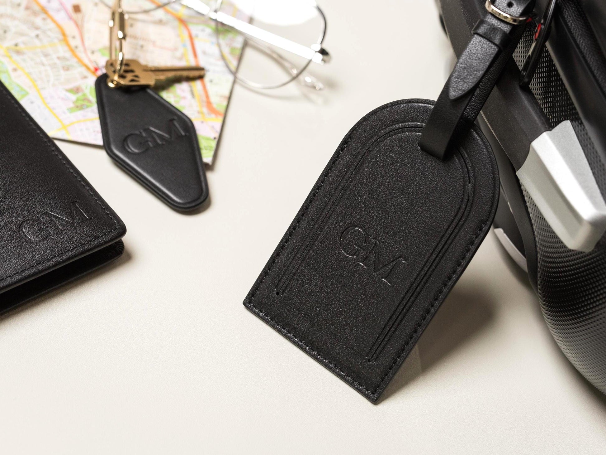 Embossed Monogram Leather Passport Holder, Luggage tag, Diamond Keychain (3 pcs Set) - Gift for wife, bride, honeymoon, 3rd anniversary