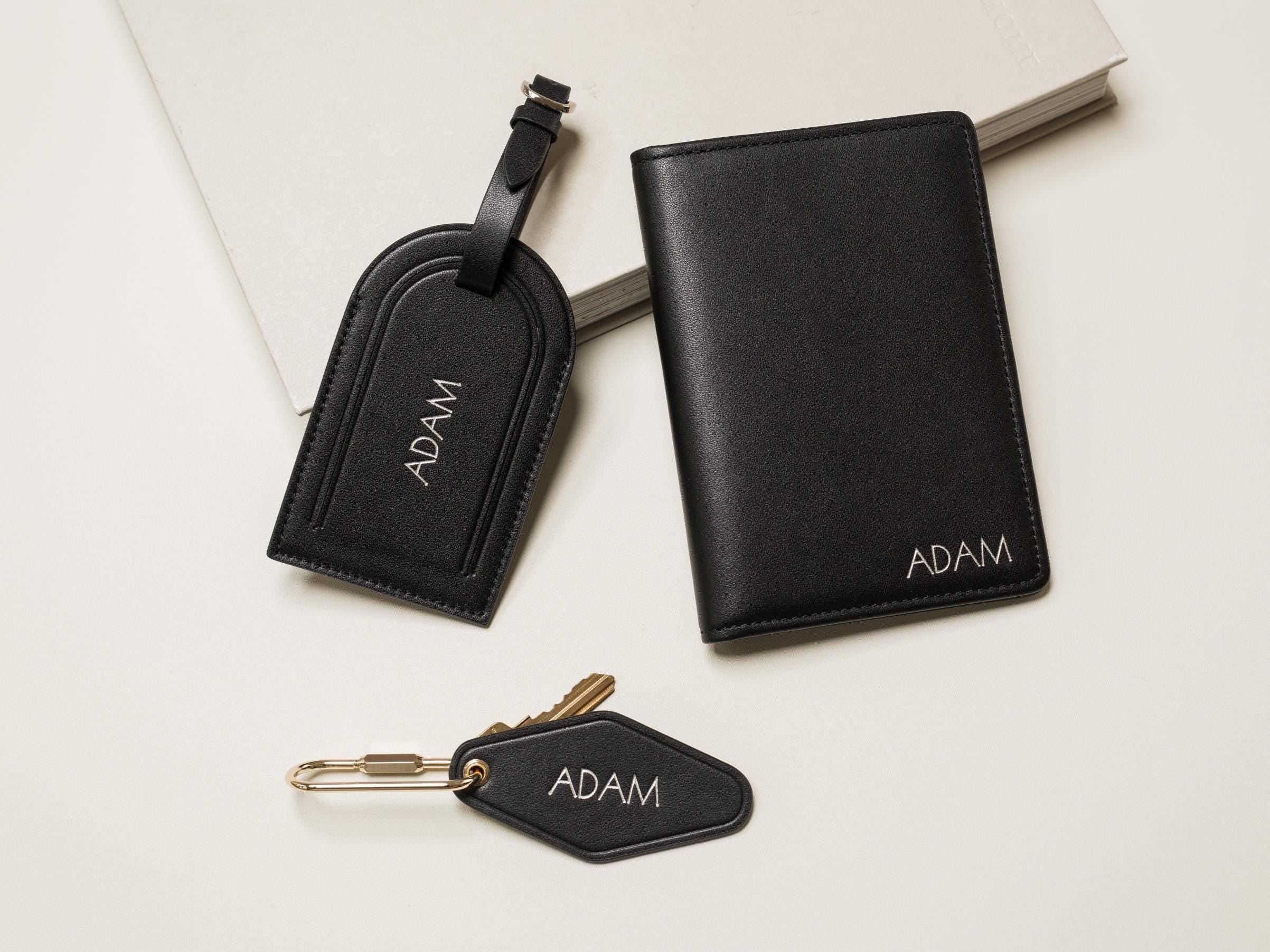 Embossed Name Leather Passport Holder, Luggage tag, Diamond Keychain (3 pcs Set) - Gift for wife, bride, groom honeymoon, 3rd anniversary