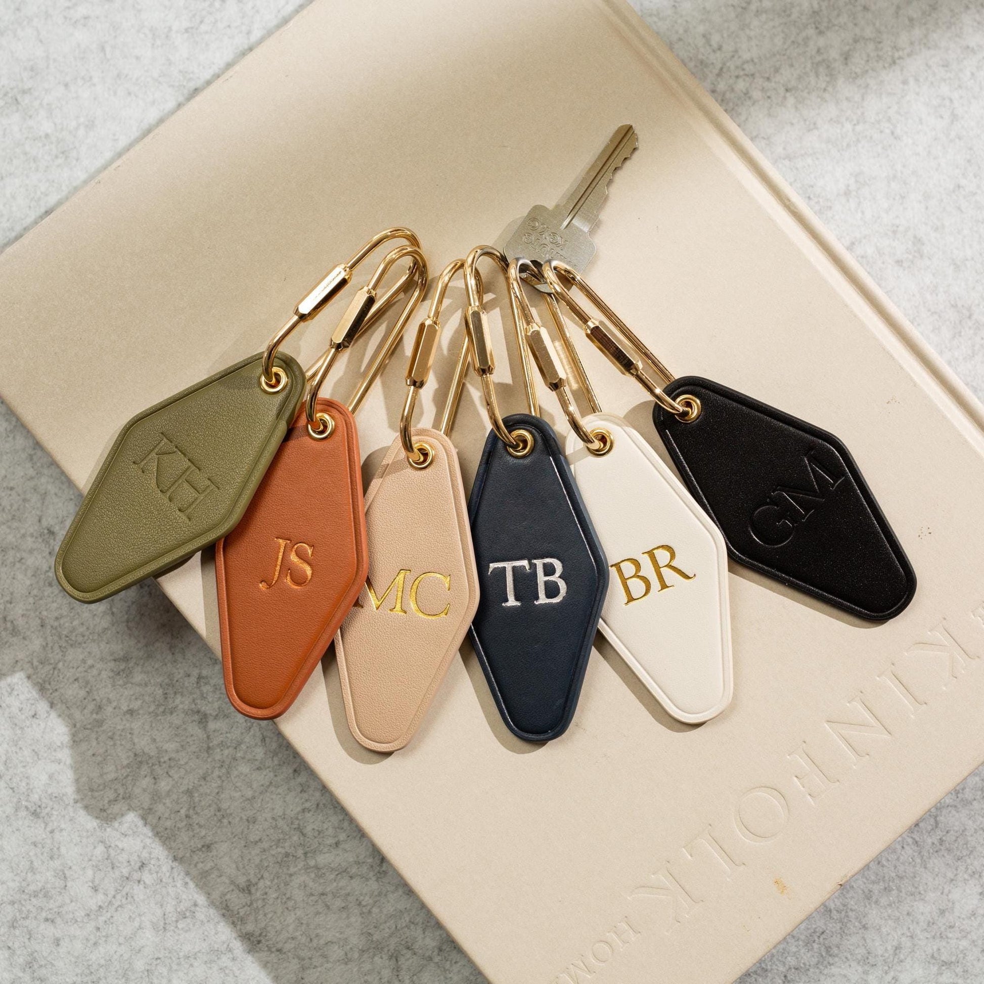 Embossed Initials diamond leather keychain w/ tassel - modern key rings, custom monogrammed vintage style personalized gift, bag charm