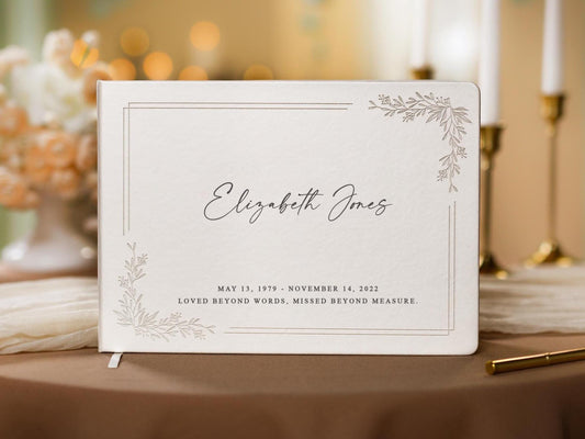 Floral Frame Funeral Guest Book (Design 1) - Personalized Celebration of Life Guestbook MemorIal Service Book of Condolence Memory Table