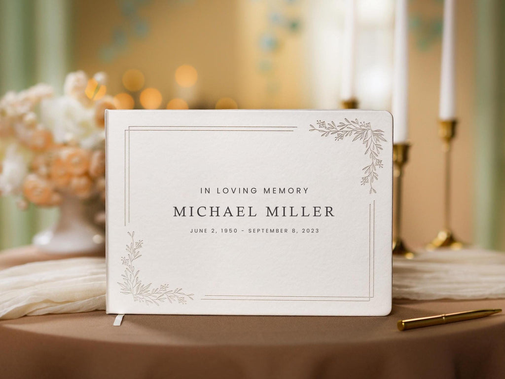 Floral Frame Funeral Guest Book (Design 2) - Personalized Celebration of Life Guestbook MemorIal Service Book of Condolence Memory Table