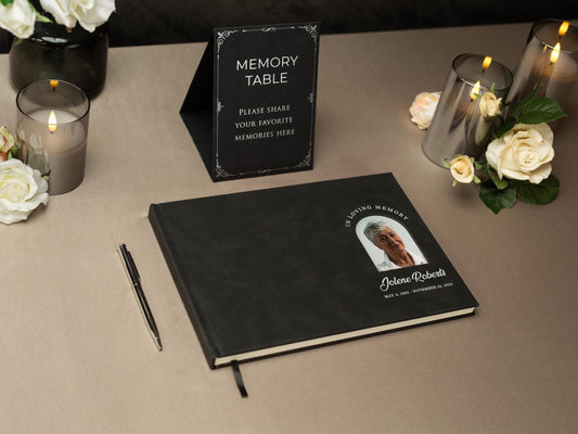 Funeral Guest Book with Photo Cover (Black - Design 1) - In Loving Memory Celebration of Life Memorial Registry Book Hard Cover
