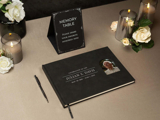 Funeral Guest Book with Photo Cover (Black - Design 4) - Celebration of Life, Memorial Service Book, Gift for Loss of Loved One