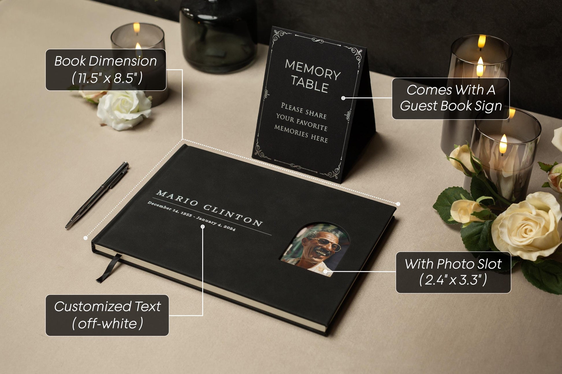 Funeral Guest Book with Photo Cover (Black - Design 2) - Memorial Sign In Guest Book, Dad Grandpa Grief Keepsake, Celebration of Life Wake