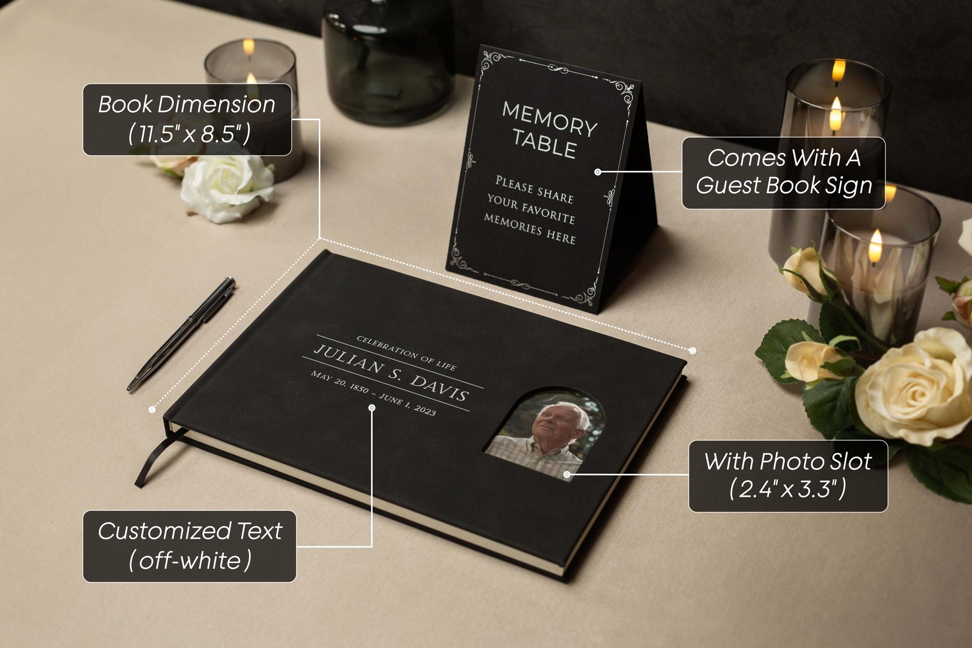 Funeral Guest Book with Photo Cover (Black - Design 4) - Celebration of Life, Memorial Service Book, Gift for Loss of Loved One