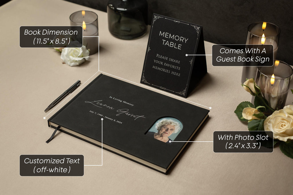 Funeral Guest Book with Photo Cover (Black - Design 3) - Remembrance or Sympathy Tribute Book, Grief Journal, Bereavement Gift