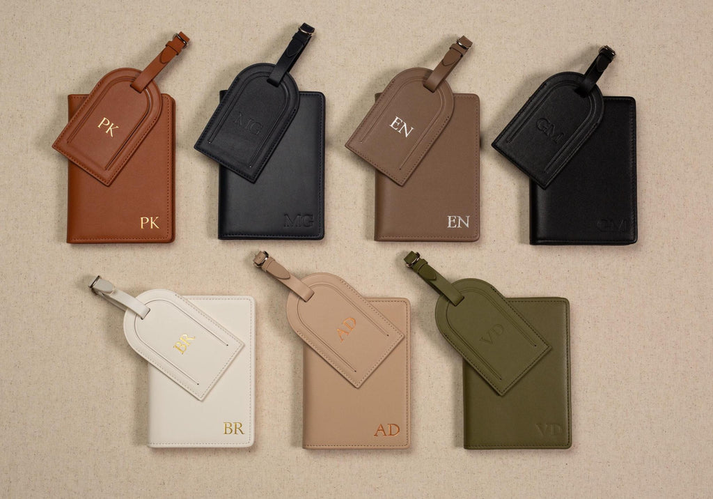 Embossed Leather Passport Holder & Embossed Luggage Tag (SET) - Personalized Travel Card Wallet, 3rd Wedding Anniversary Retirement Gift