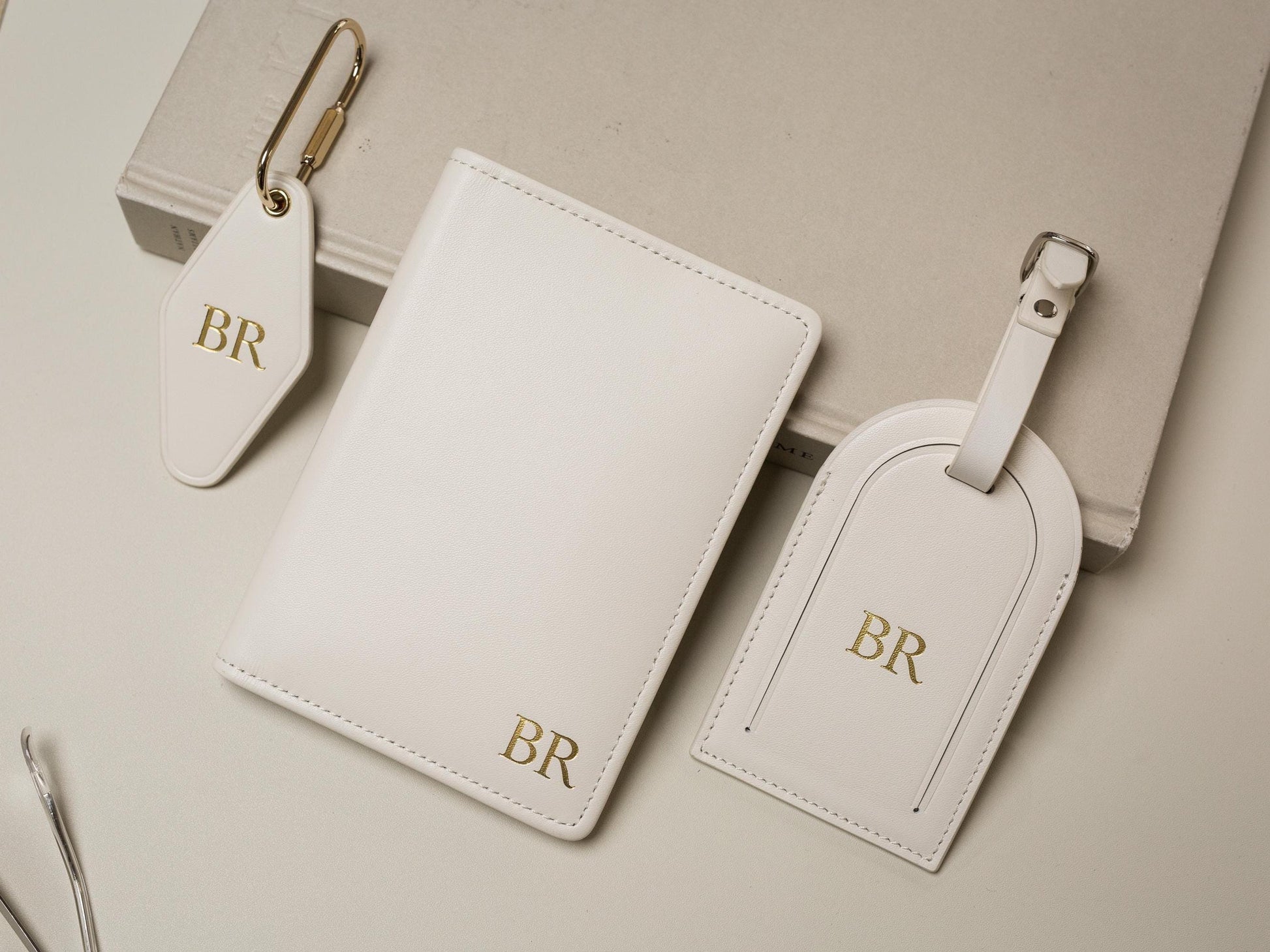 Embossed Monogram Leather Passport Holder, Luggage tag, Diamond Keychain (3 pcs Set) - Gift for wife, bride, honeymoon, 3rd anniversary