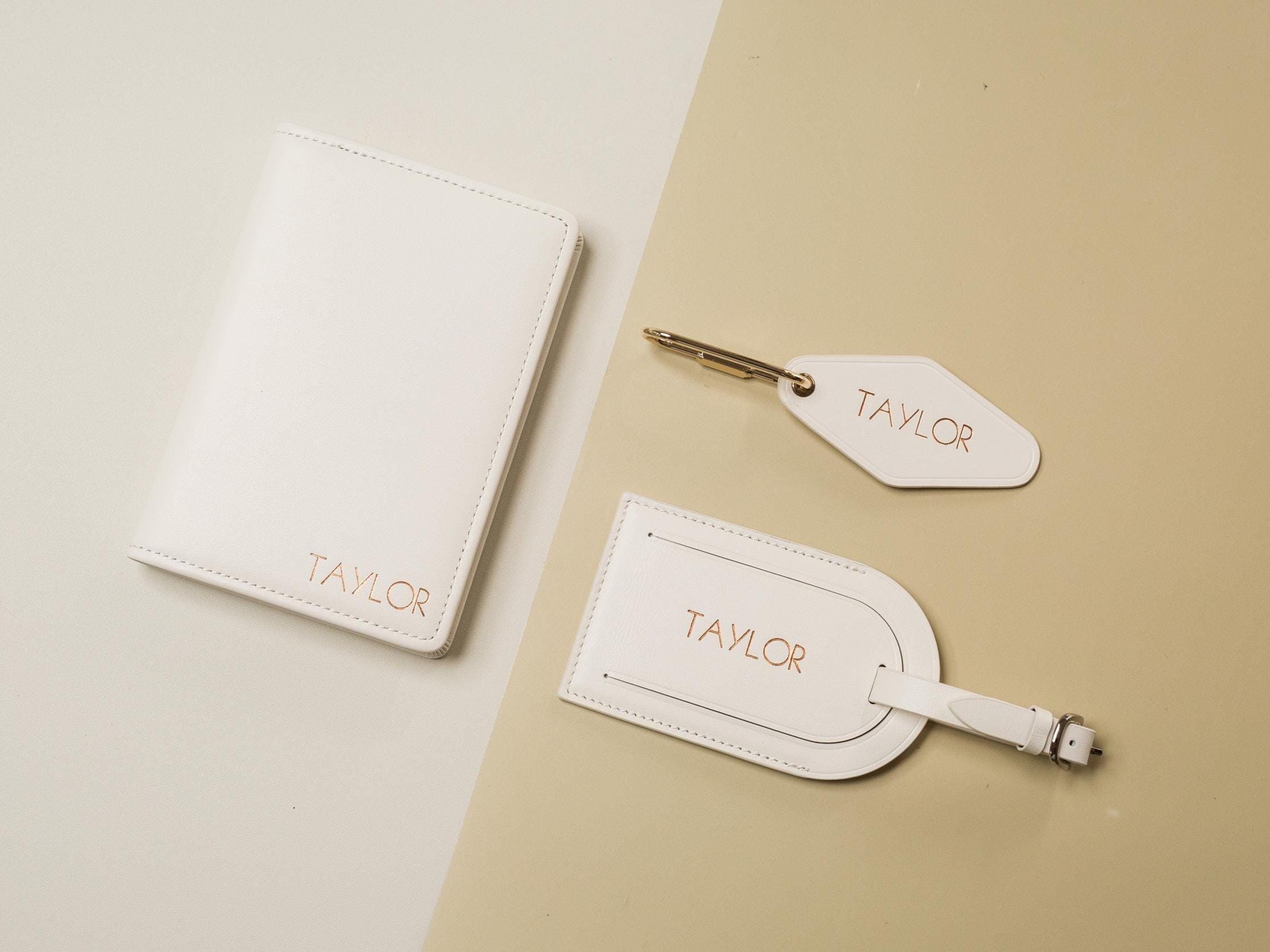Embossed Name Leather Passport Holder, Luggage tag, Diamond Keychain (3 pcs Set) - Gift for wife, bride, groom honeymoon, 3rd anniversary