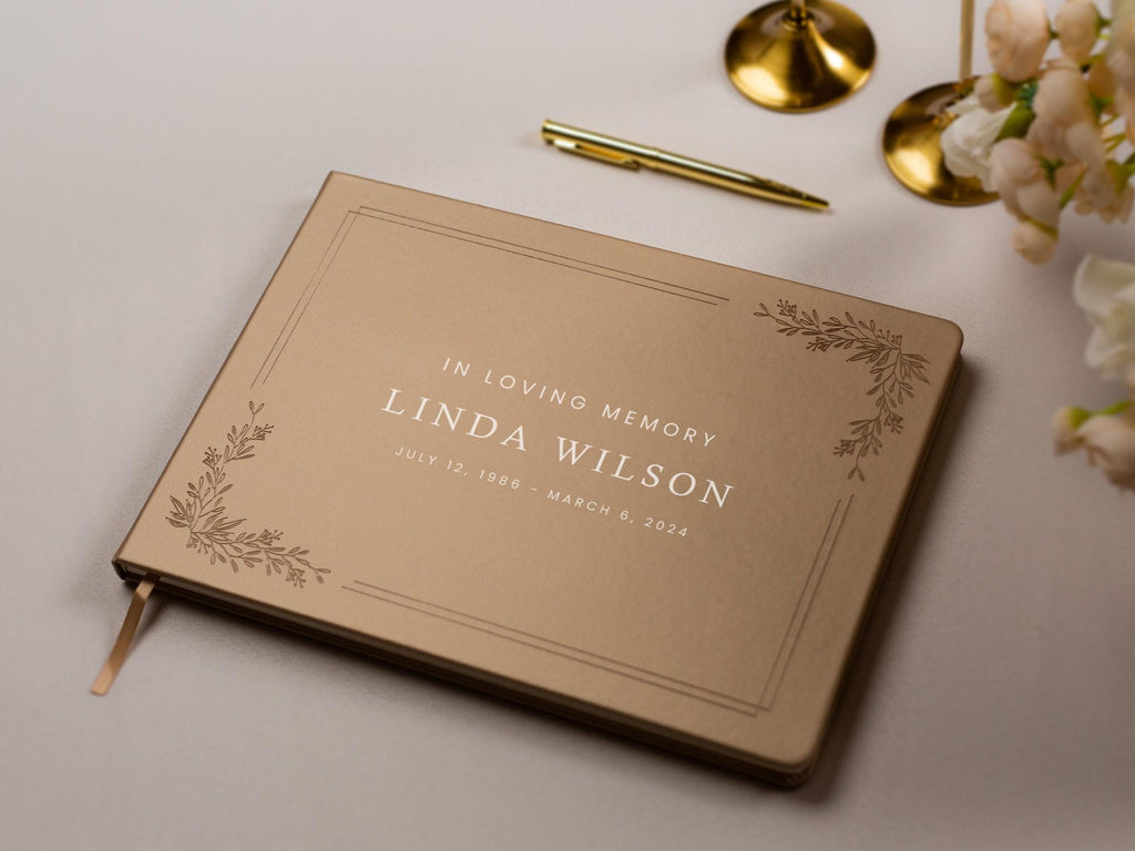 Floral Frame Funeral Guest Book (Design 2) - Personalized Celebration of Life Guestbook MemorIal Service Book of Condolence Memory Table