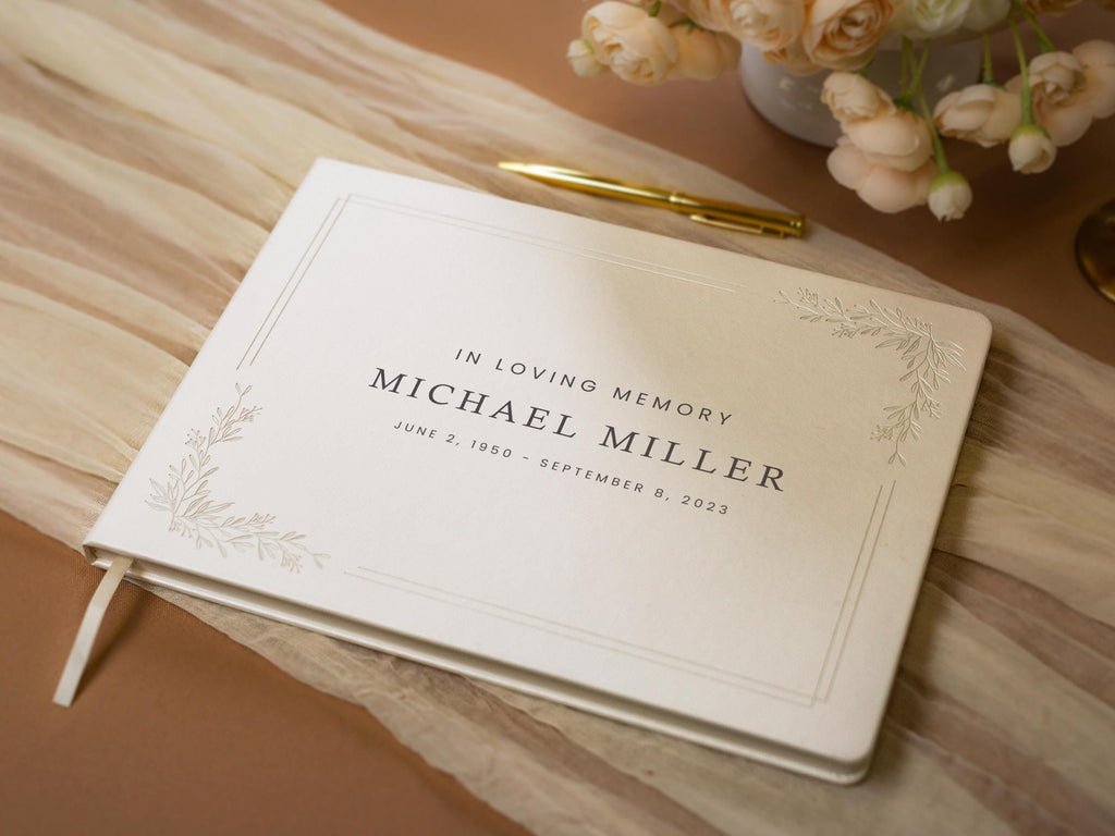 Floral Frame Funeral Guest Book (Design 2) - Personalized Celebration of Life Guestbook MemorIal Service Book of Condolence Memory Table