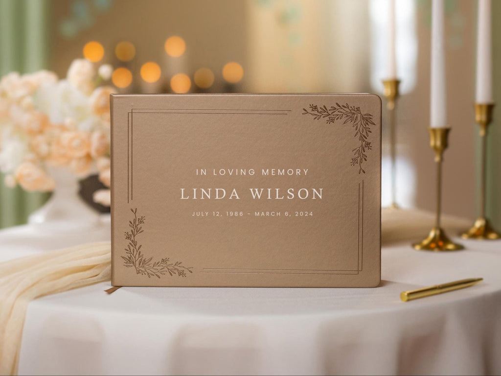 Floral Frame Funeral Guest Book (Design 2) - Personalized Celebration of Life Guestbook MemorIal Service Book of Condolence Memory Table