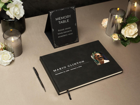Funeral Guest Book with Photo Cover (Black - Design 2) - Memorial Sign In Guest Book, Dad Grandpa Grief Keepsake, Celebration of Life Wake
