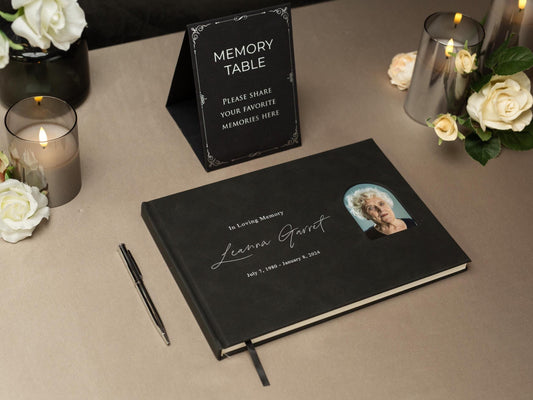 Funeral Guest Book with Photo Cover (Black - Design 3) - Remembrance or Sympathy Tribute Book, Grief Journal, Bereavement Gift