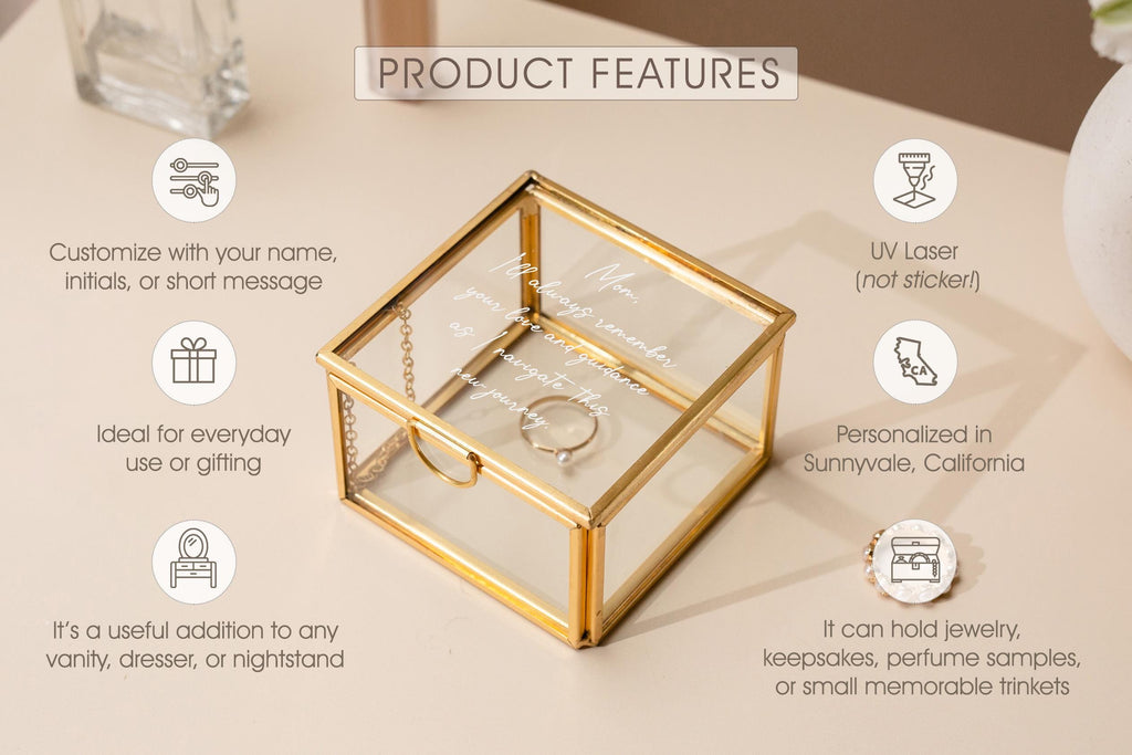 Square 3x3 Gold Glass Box (D2) - Personalized Jewelry or Rosary Holder with Message Name, Vanity Trinket Display, Gift Mom Bff Wife Fiance
