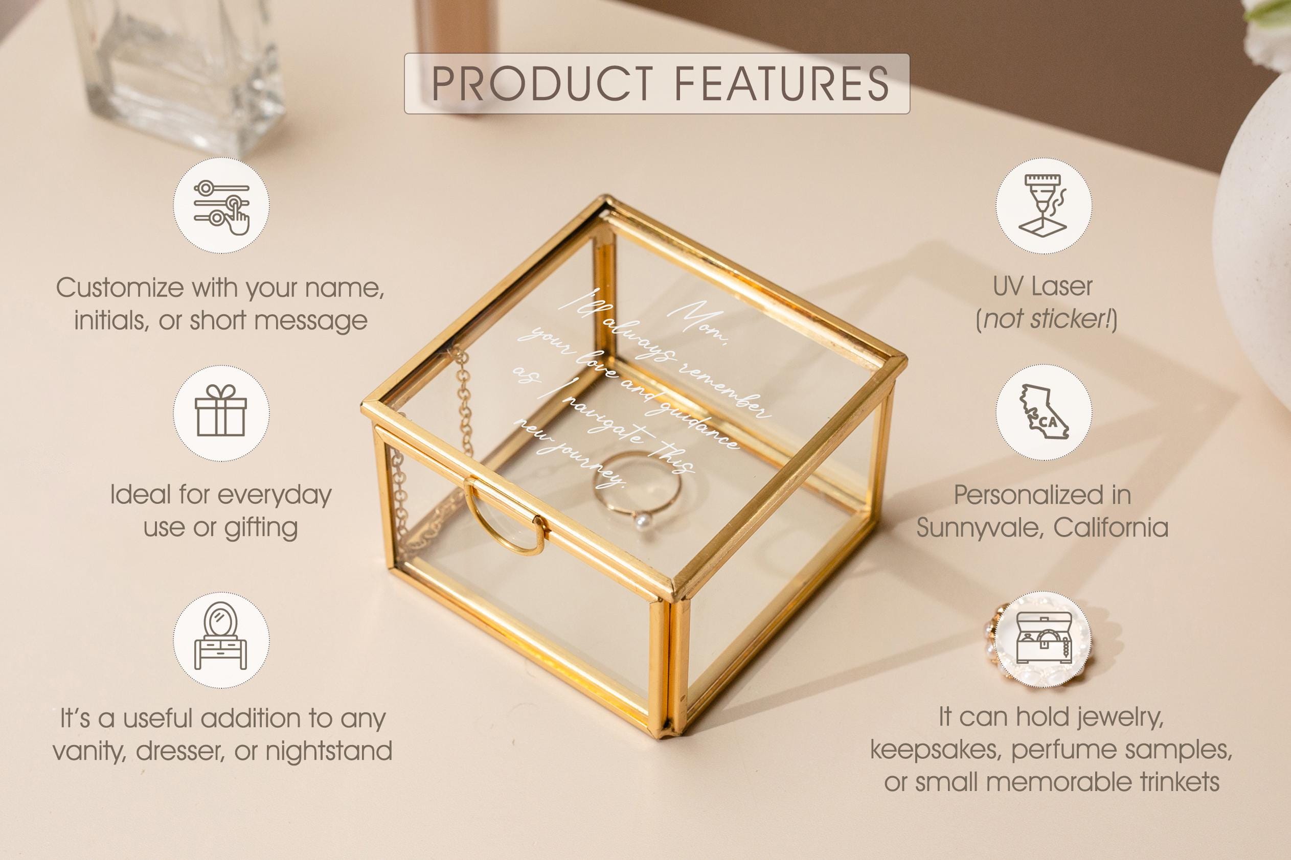 Square 3x3 Gold Glass Box (D2) - Personalized Jewelry or Rosary Holder with Message Name, Vanity Trinket Display, Gift Mom Bff Wife Fiance